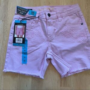 NEW Vigoss Girls Pink denim shorts size 16 floral design the Malibu style mid